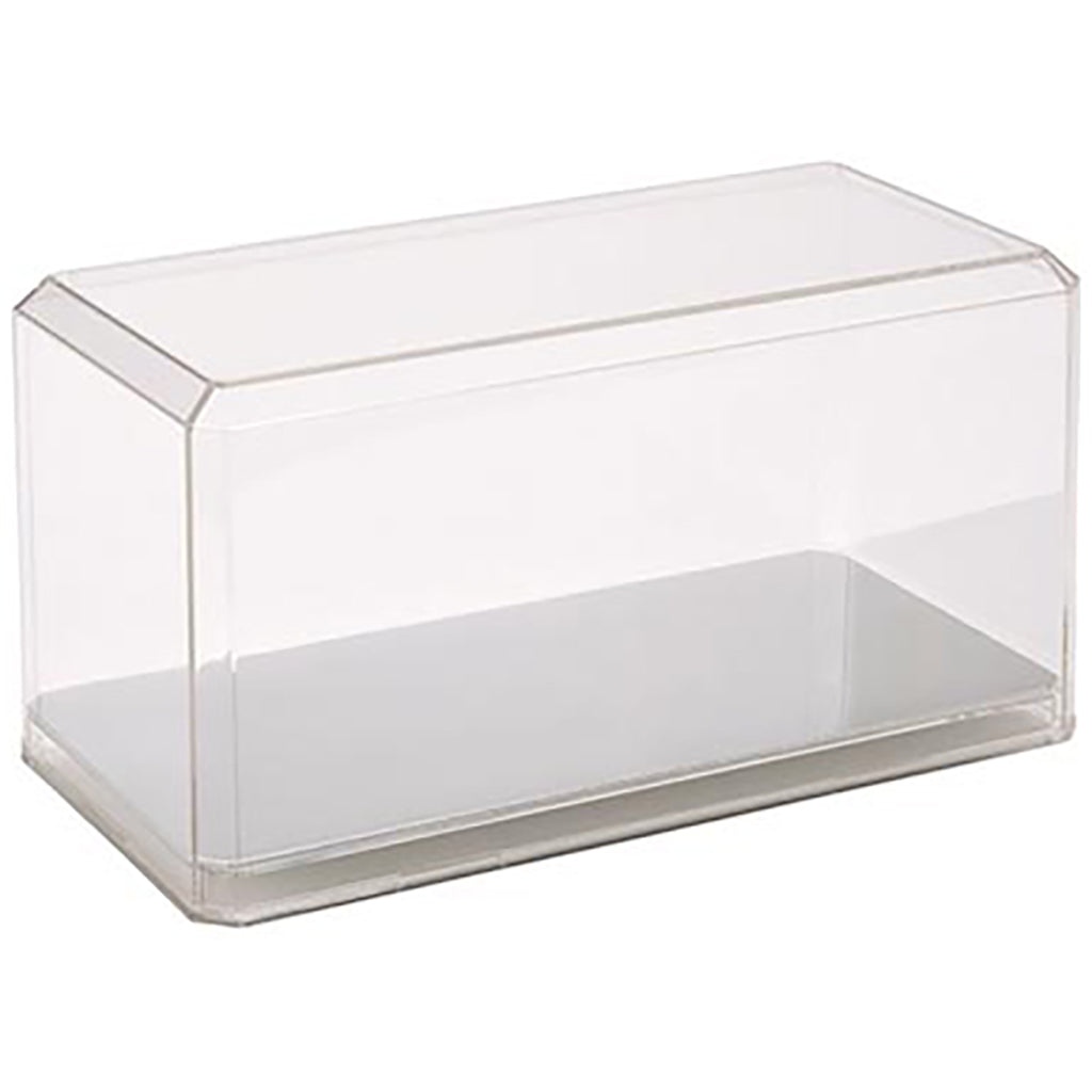 Clear plastic display case on a white background