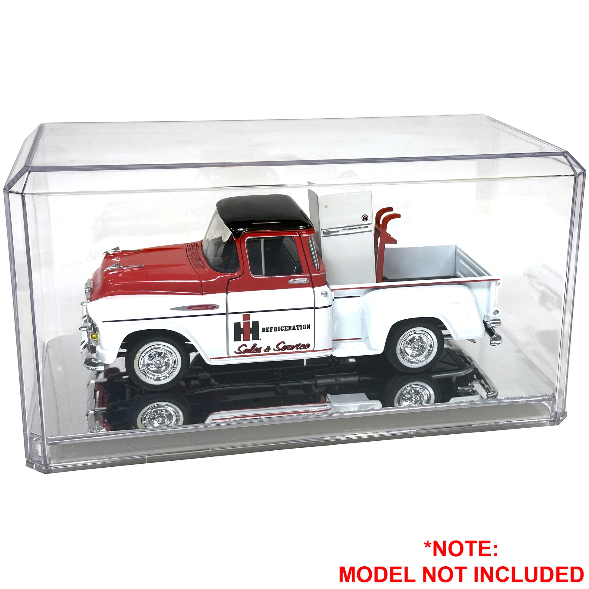 Clear plastic display case with black and white mirrored base with a Chevy Pickup for IH Refrigeration on a white background. Model Not Included