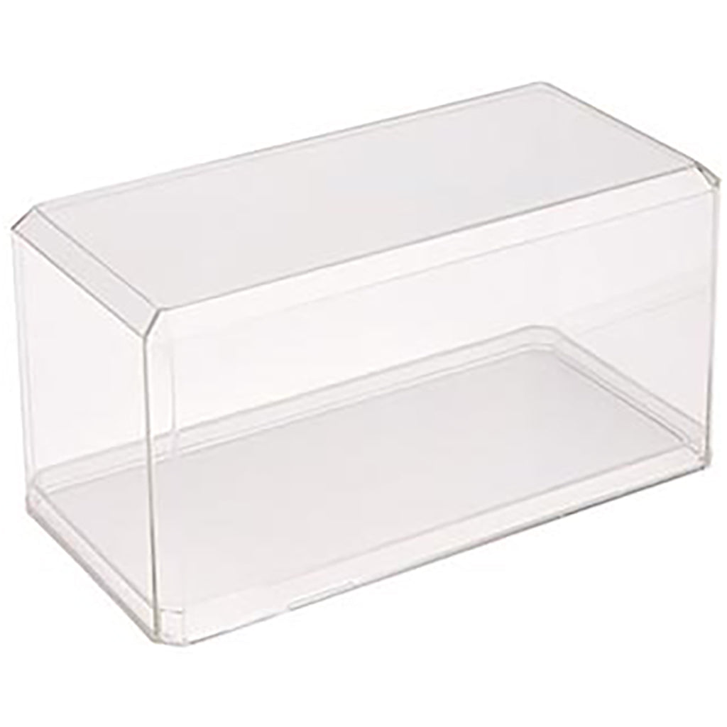 Clear plastic display case on a white background
