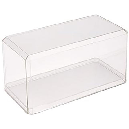 Clear plastic display case on a white background