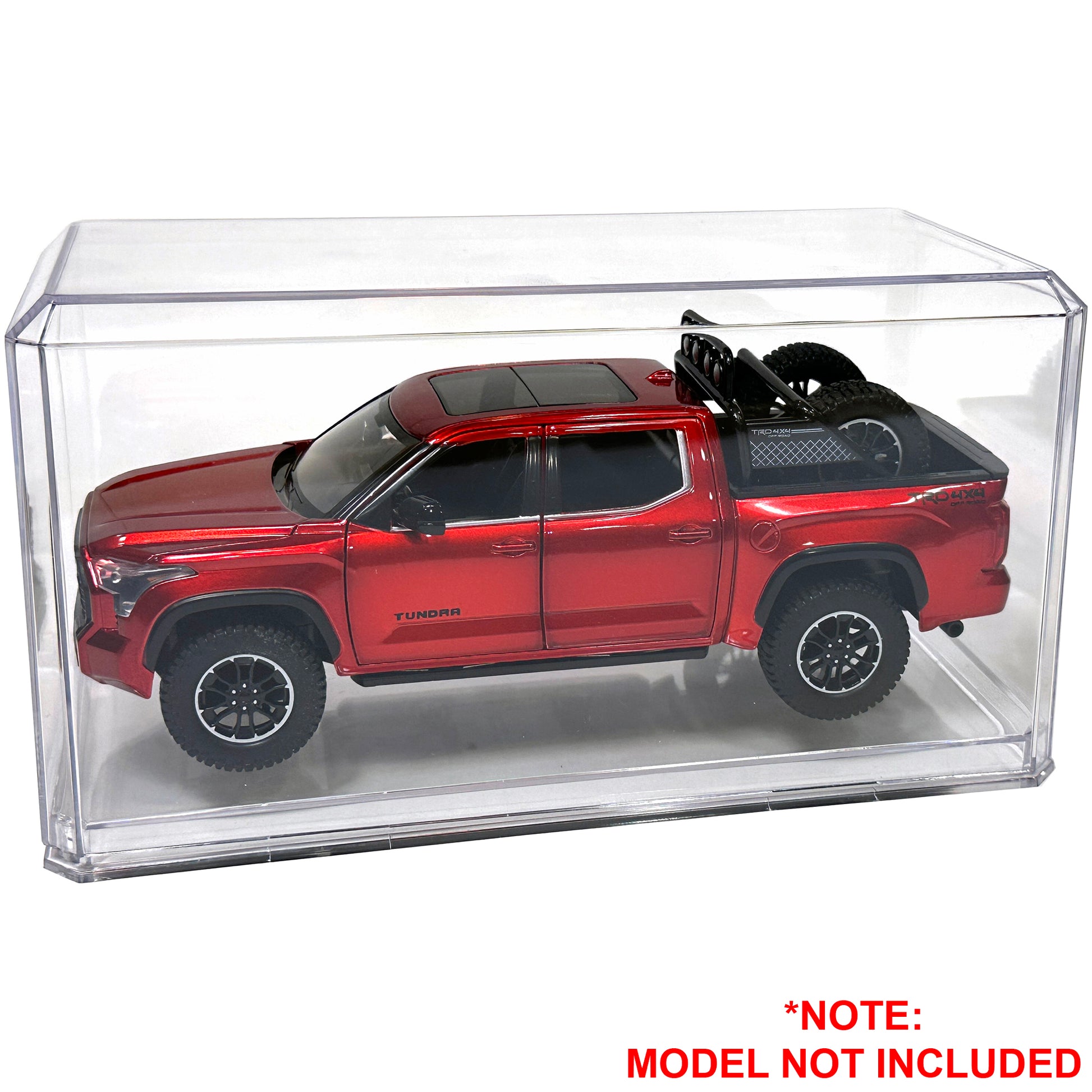 Red model truck in a clear display case with 'Model Not Included' text at the bottom.