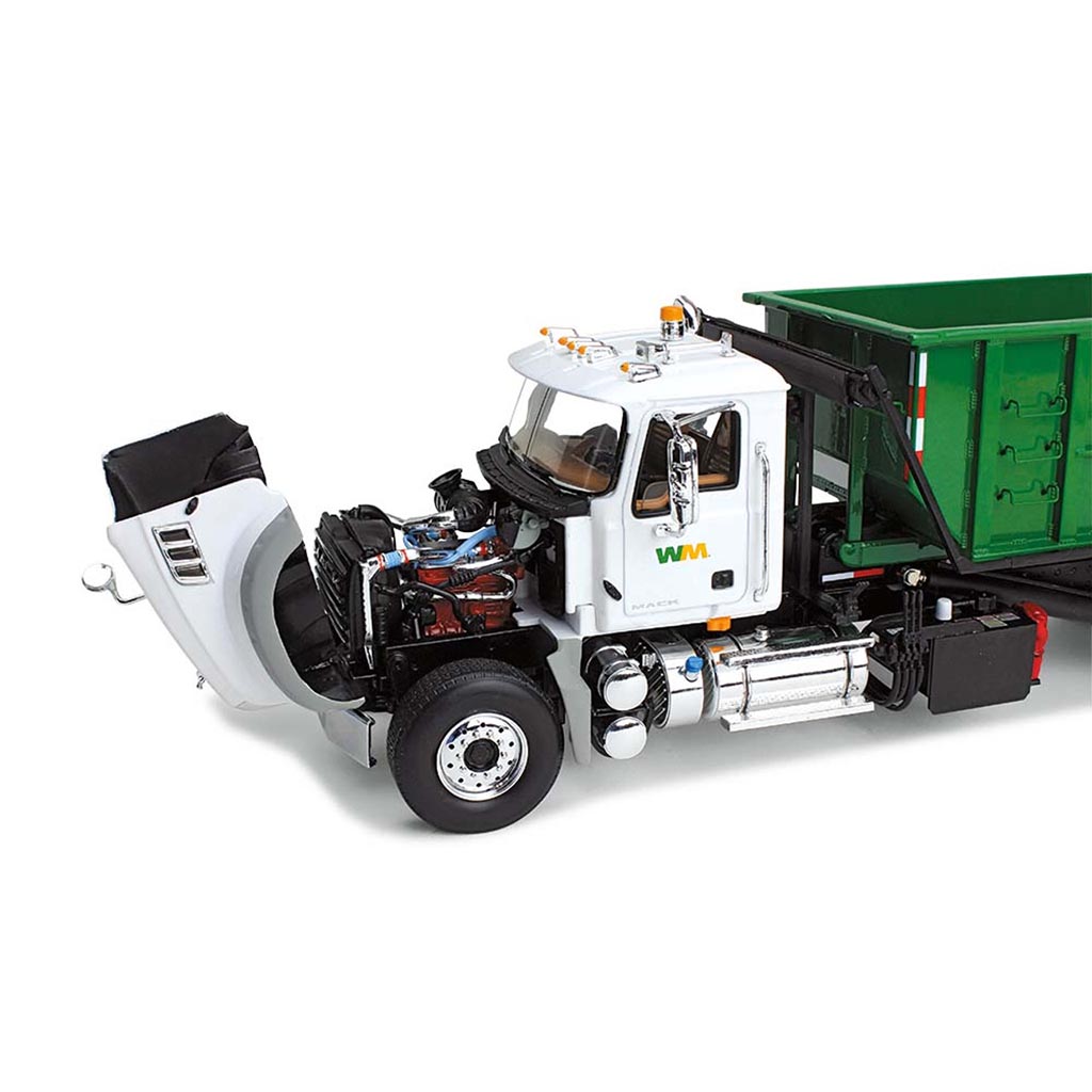 Mack Granite MP Roll-Off Truck with Ribbed-Style Container "Waste Management" (White/Green)