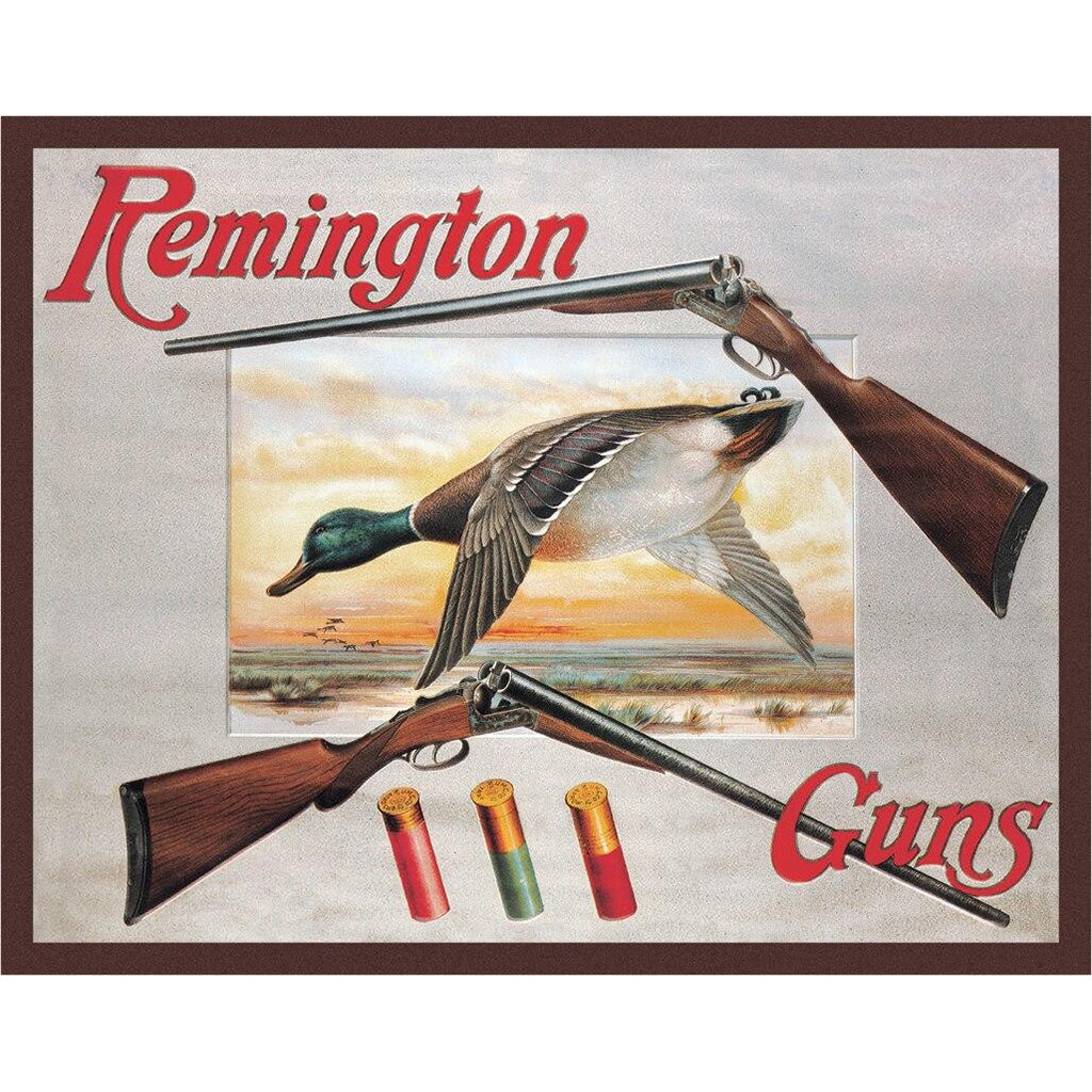 Remington Guns advertisement with ducks and shotguns on a textured background