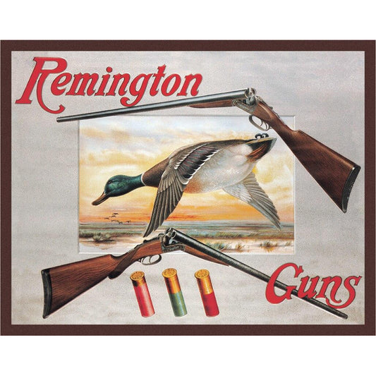 Remington Guns advertisement with ducks and shotguns on a textured background