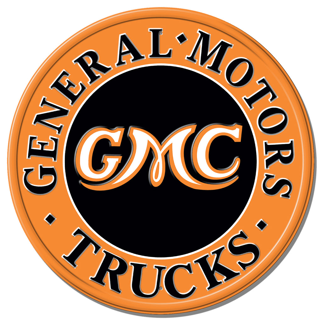 GMC logo on a round sign with orange border and black center