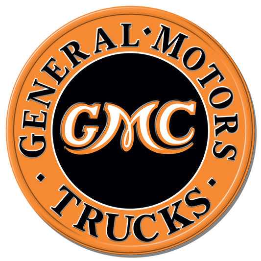 GMC logo on a round sign with orange border and black center