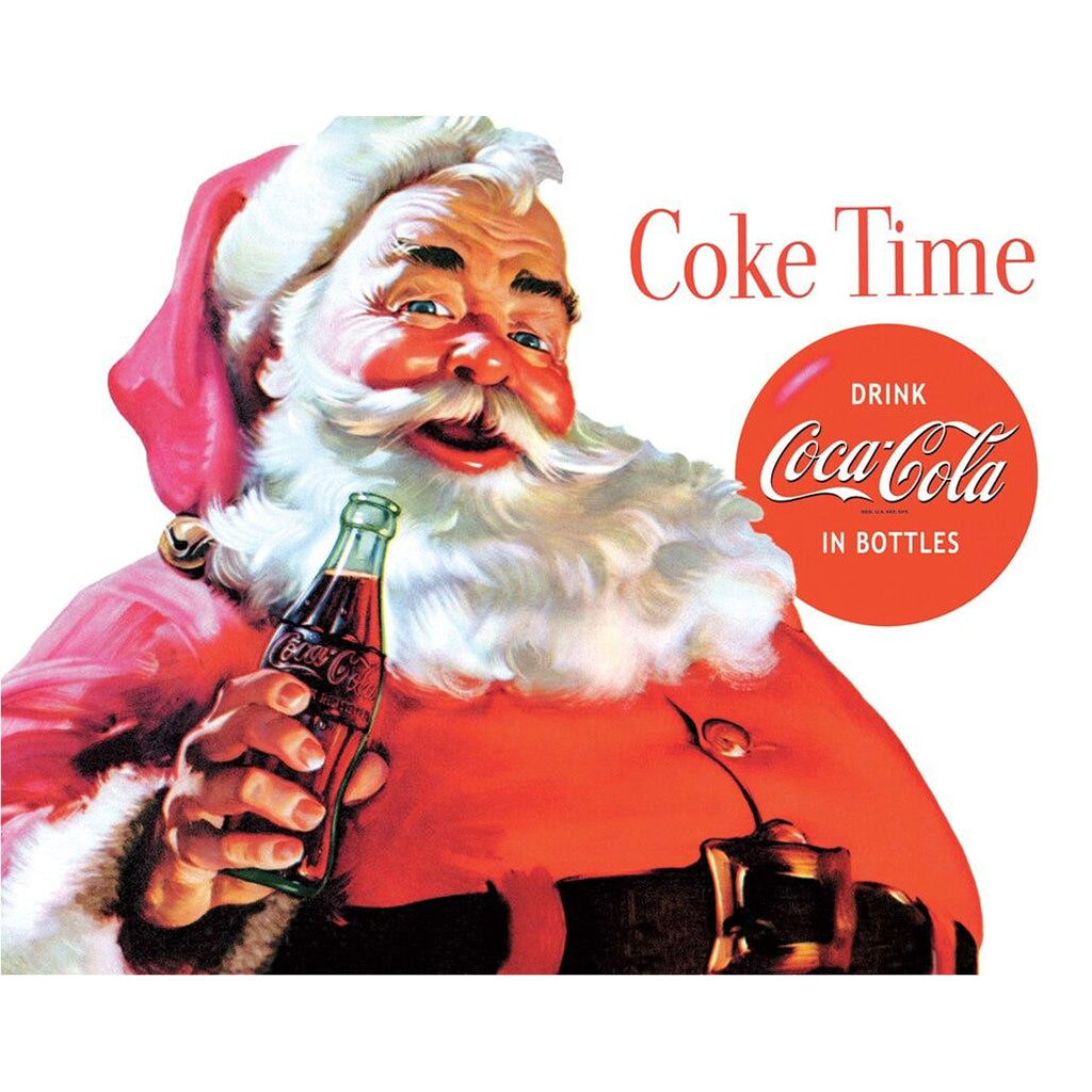 Vintage Coca-Cola advertisement featuring Santa Claus holding a bottle with 'Coke Time' text.