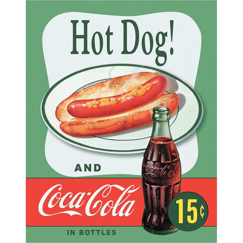 Vintage-style advertisement for hot dogs and Coca-Cola bottles with a hot dog on a bun and a bottle of Coca-Cola.