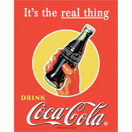 Vintage Coca-Cola advertisement with a bottle graphic on a red background