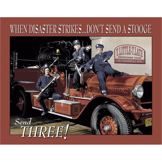 Vintage-style advertisement with firefighters on a fire truck, featuring text about disaster response.