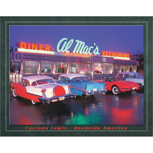 Vintage-style diner with colorful cars parked in front, featuring 'Al Mac's Diner' sign.