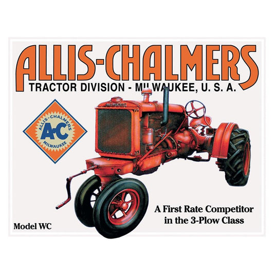 Allis-Chalmers tractor advertisement with text and logo on a white background