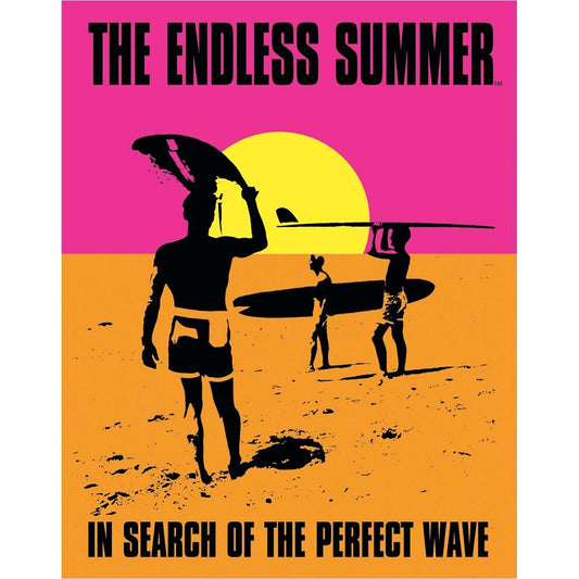 Poster for 'The Endless Summer' with silhouettes of surfers against a pink and orange background.