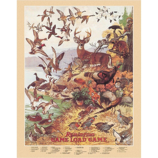 Vintage-style illustration of various animals with 'Remington Game Load Game' text.