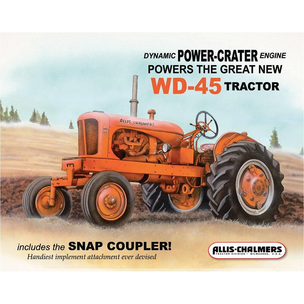 Vintage Allis-Chalmers WD-45 tractor with promotional text on a scenic background