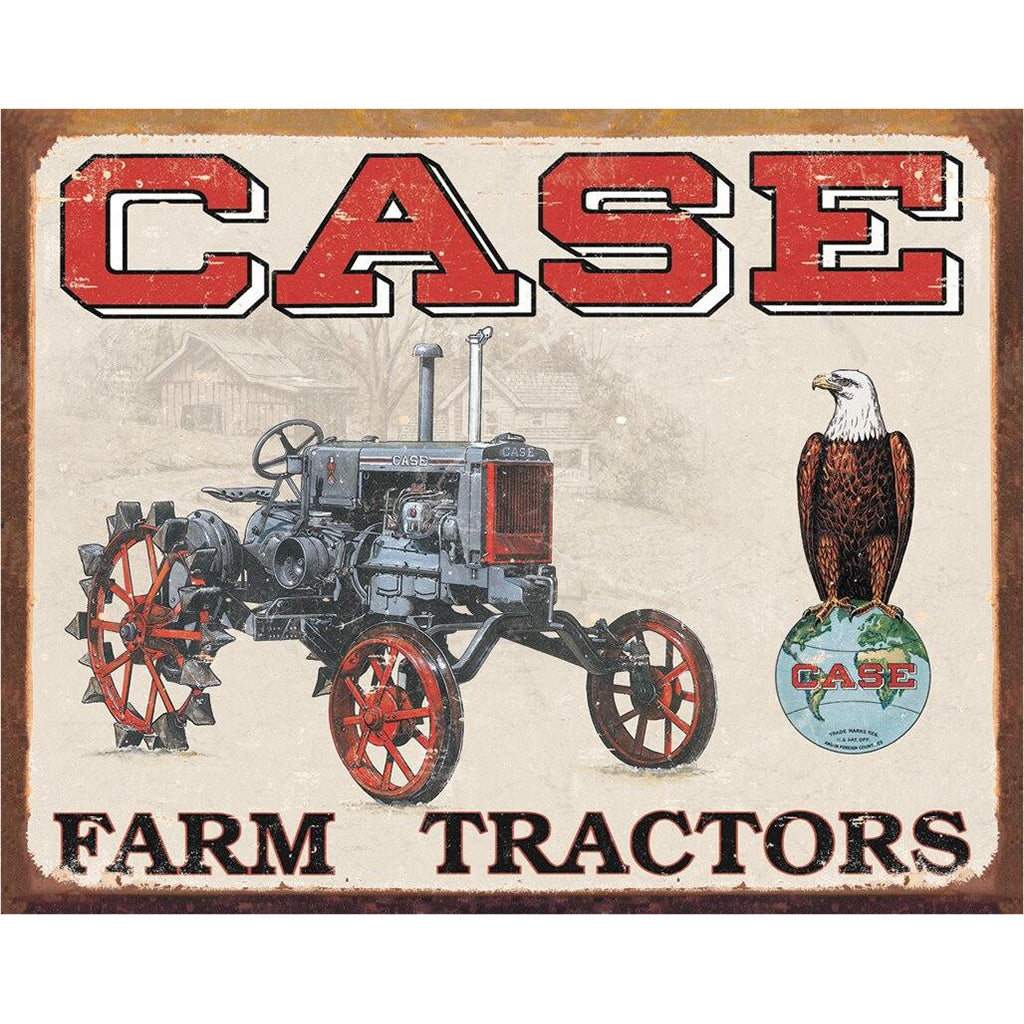 Vintage-style sign advertising Case Farm Tractors with an eagle emblem.