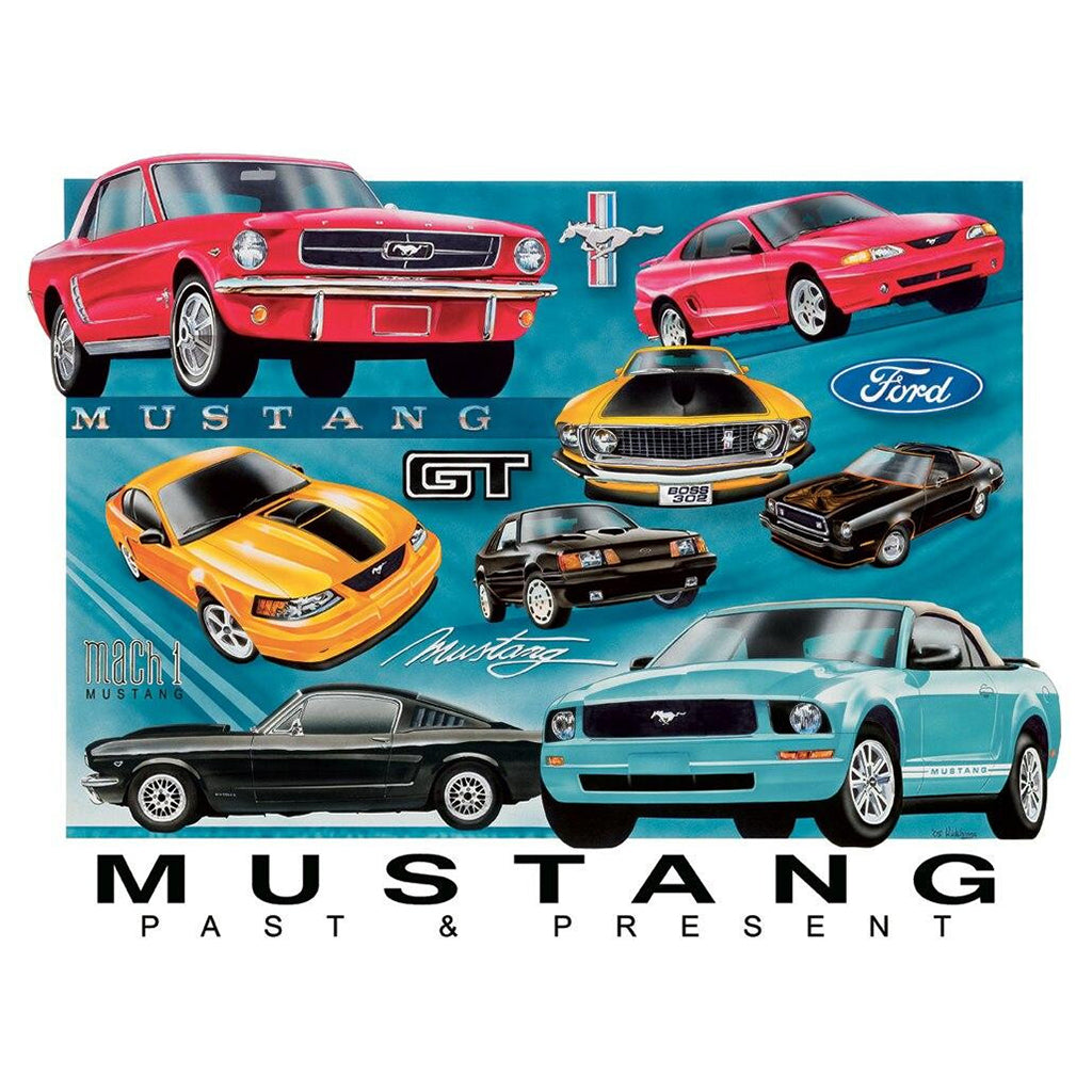 Illustration of various Ford Mustang models with 'Mustang Past & Present' text on a blue background.