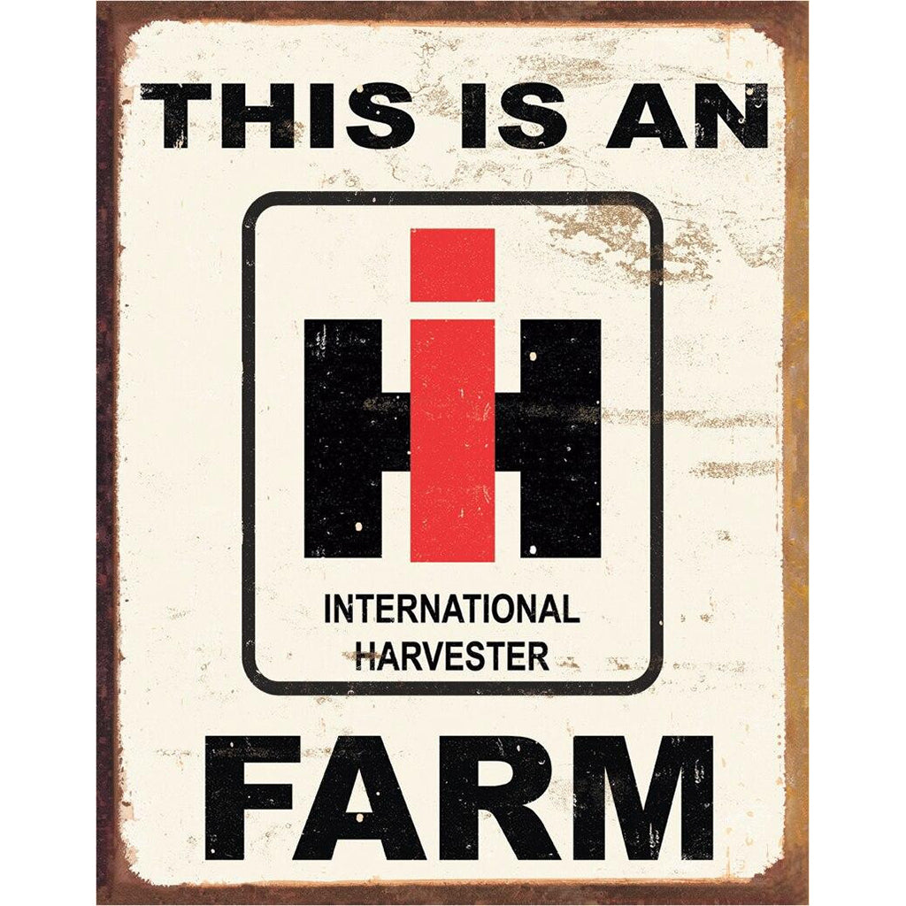 Vintage-style sign with International Harvester logo and text on a white background