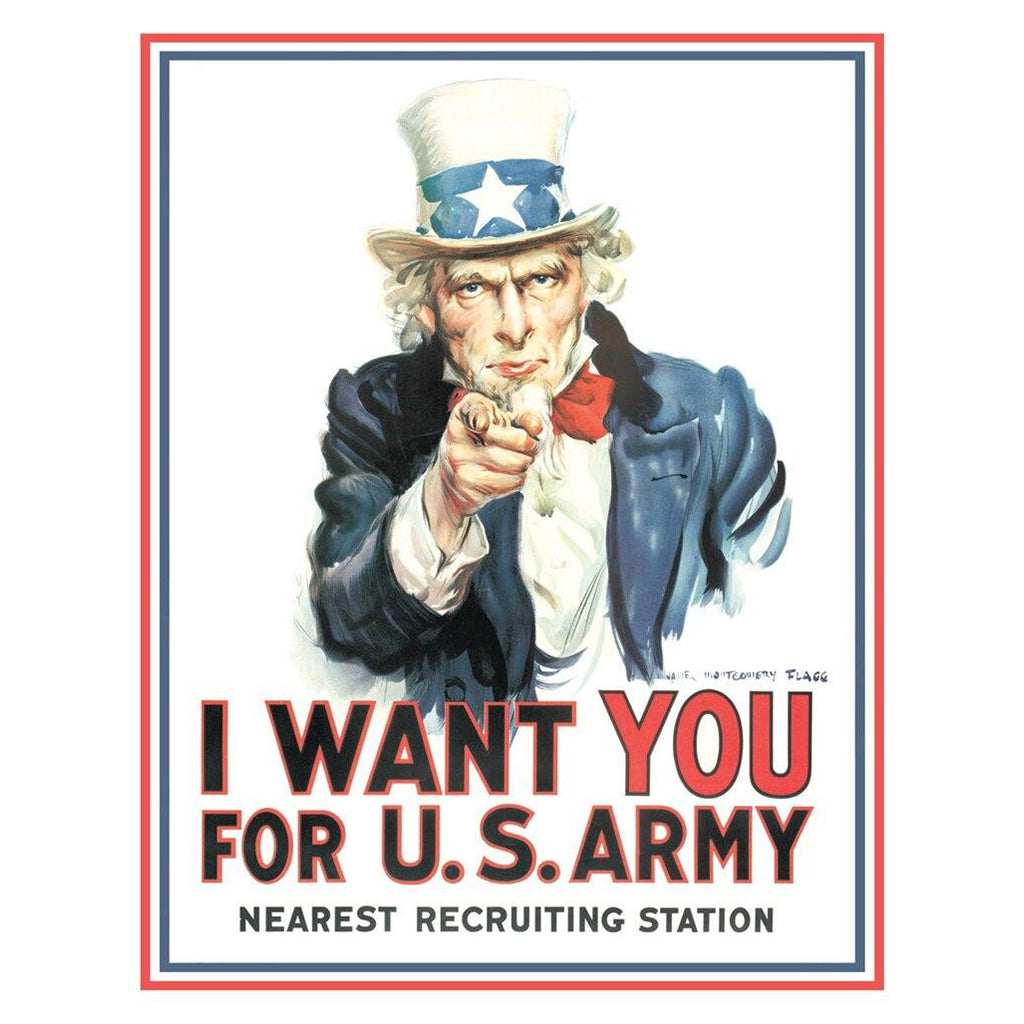 Vintage recruitment poster featuring Uncle Sam with text 'I Want You for U.S. Army'.