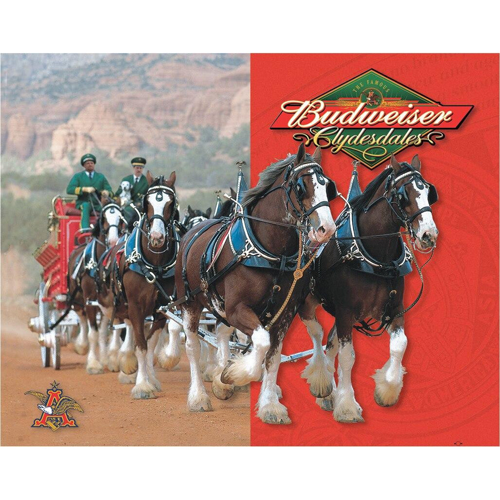 Budweiser Clydesdales pulling a carriage with the Budweiser logo on a red background.