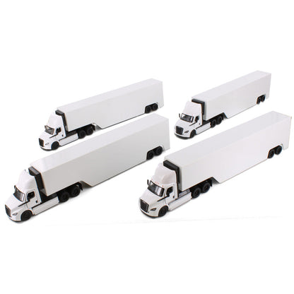 Four white model freightliner ecascadia with race car trailers toy trucks on a white background