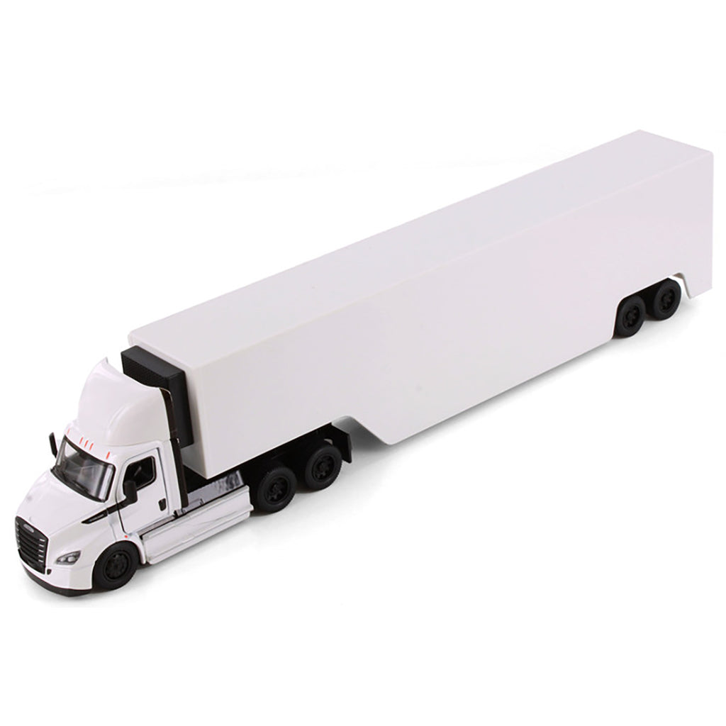 Model of a white freightliner ecascadia with race car trailer toy truck on a white background