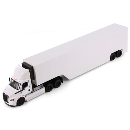 Model of a white freightliner ecascadia with race car trailer toy truck on a white background