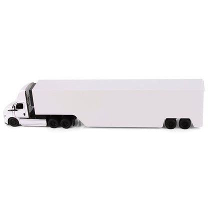 Model of a white freightliner ecascadia truck with race car trailer on a white background