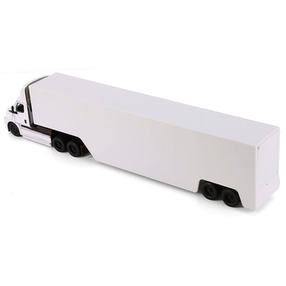 Model of a white freightliner ecascadia truck with race car trailer on a white background