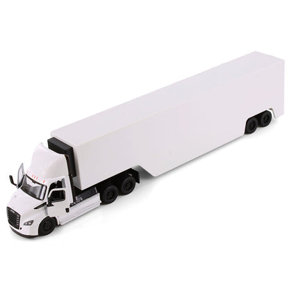 Model of a white freightliner ecascadia truck with race car trailer on a white background