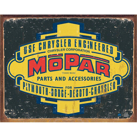 Vintage MOPAR logo with yellow and red text on a dark background