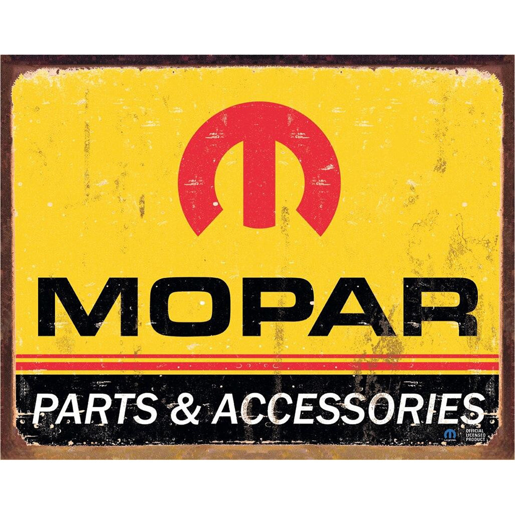 Vintage-style Mopar parts and accessories sign with yellow background and red and black text.