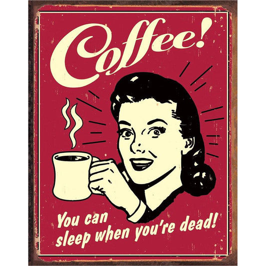 Vintage-style poster with a woman holding a coffee cup and text on a red background