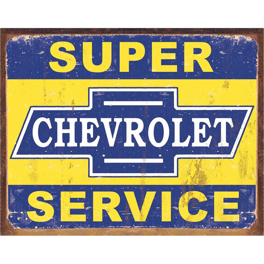 Vintage-style 'Super Chevrolet Service' sign with blue and yellow colors.
