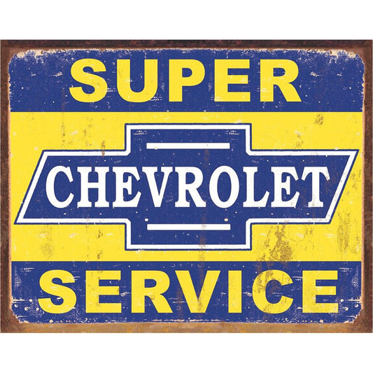 Vintage-style 'Super Chevrolet Service' sign with blue and yellow colors.