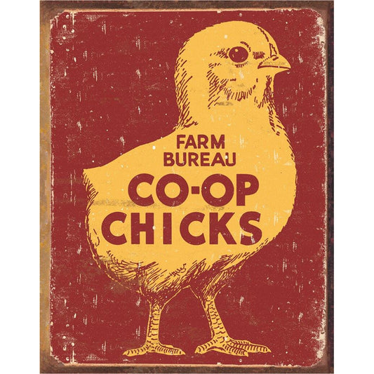 Vintage-style sign with a yellow chick illustration and 'Farm Bureau Co-op Chicks' text on a red background.