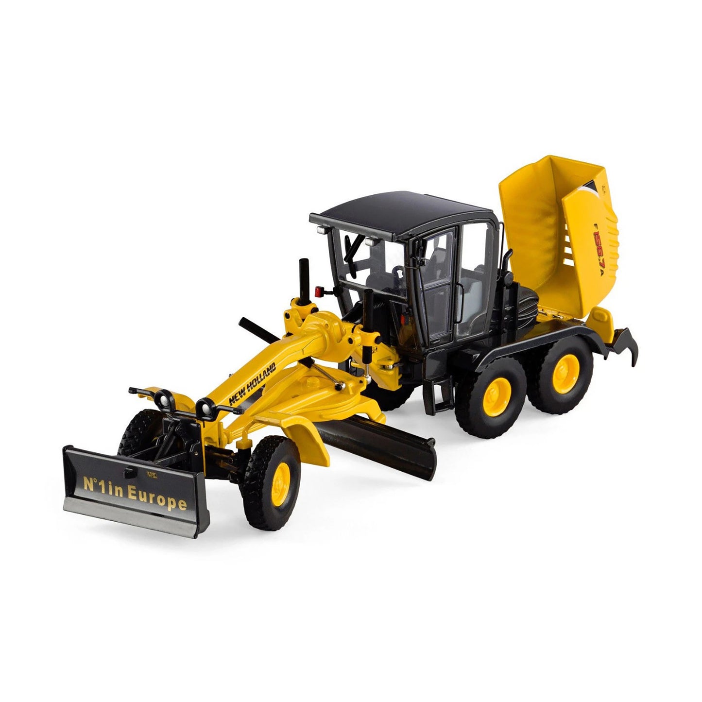 Model of a construction vehicle with a blade attachment on a white background