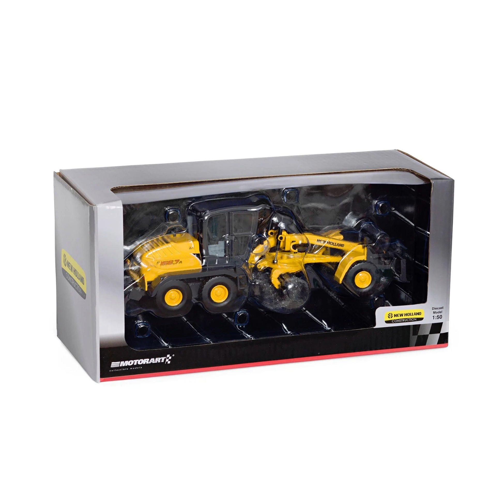 Model construction vehicle in a clear display case with a branded box on a white background