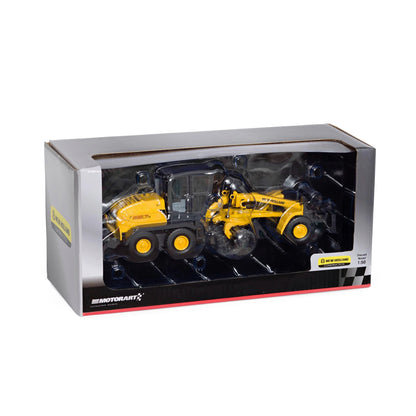 Model construction vehicle in a clear display case with a branded box on a white background
