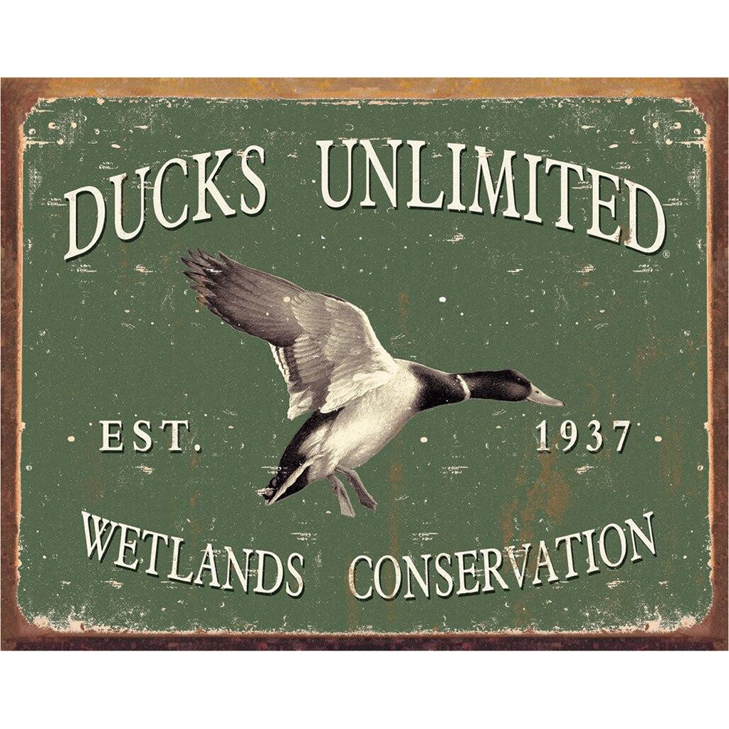 Ducks Unlimited sign with a duck illustration and text on a green background