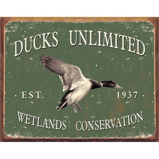 Ducks Unlimited sign with a duck illustration and text on a green background