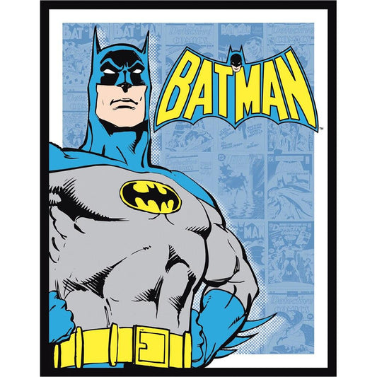 Vintage-style illustration of Batman with 'Batman' text on a blue background