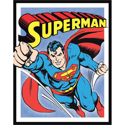 Vintage-style Superman poster with blue suit and red cape.