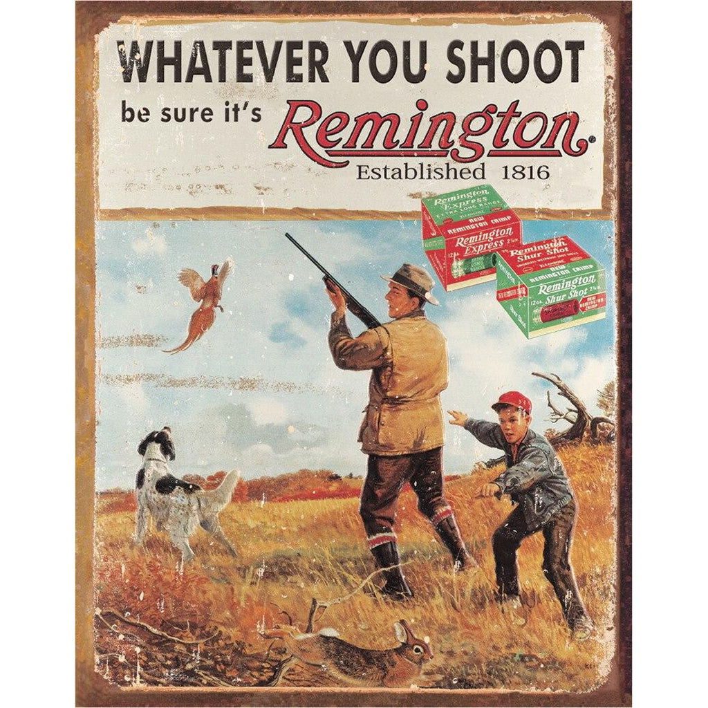 Vintage-style advertisement for Remington firearms with a hunting scene.