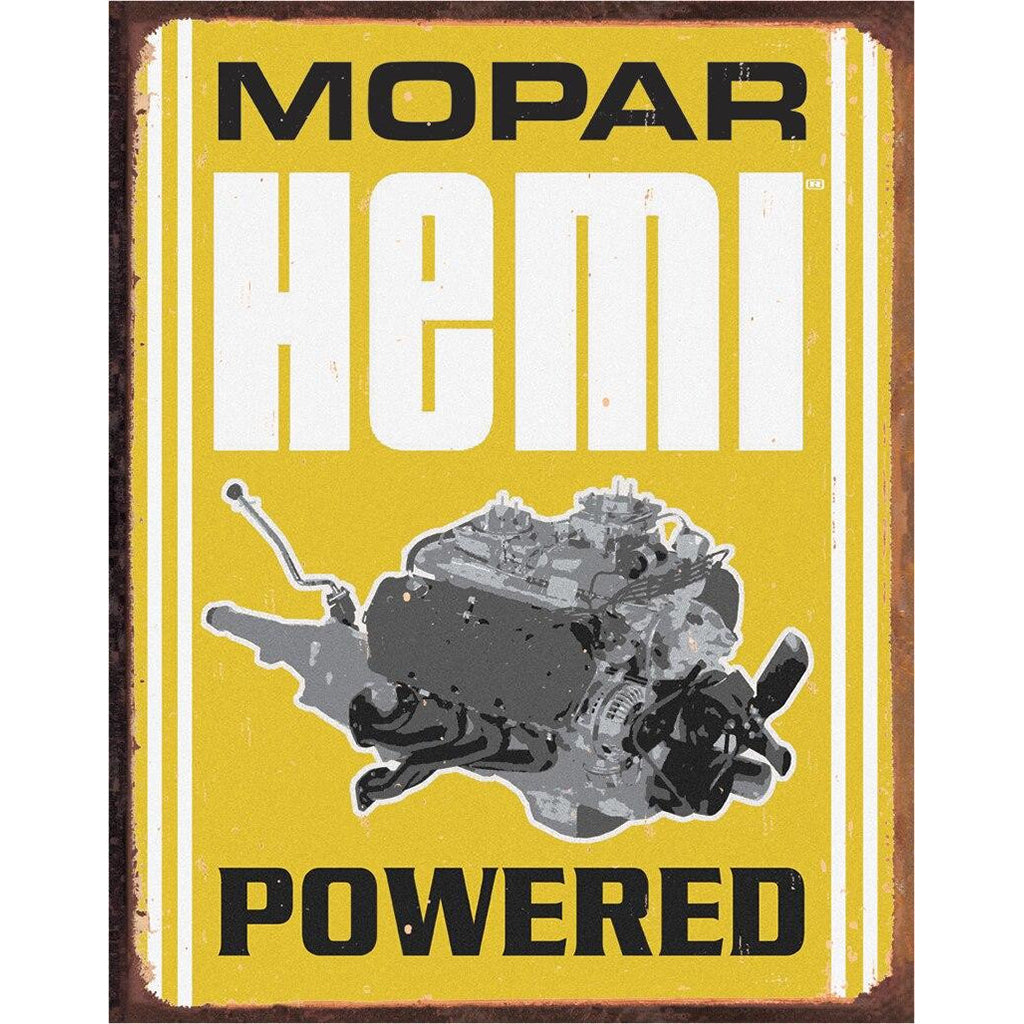 Vintage-style sign with MOPAR HEMI logo and engine illustration on a yellow background