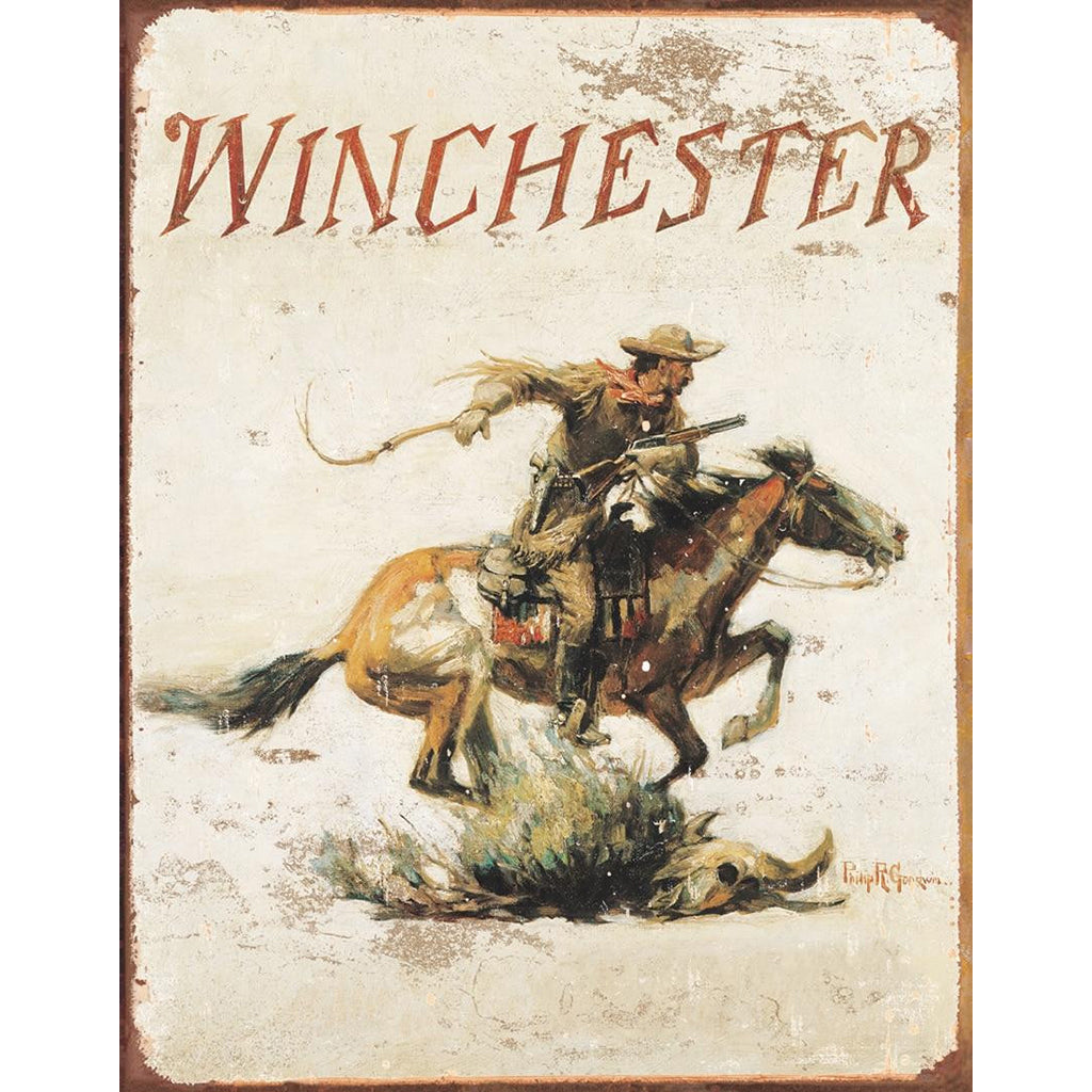 Vintage-style advertisement for Winchester with a cowboy on horseback and a fallen bear, on a white background.