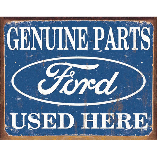 Vintage-style sign with 'Genuine Parts Ford Used Here' text and logo on a blue background.