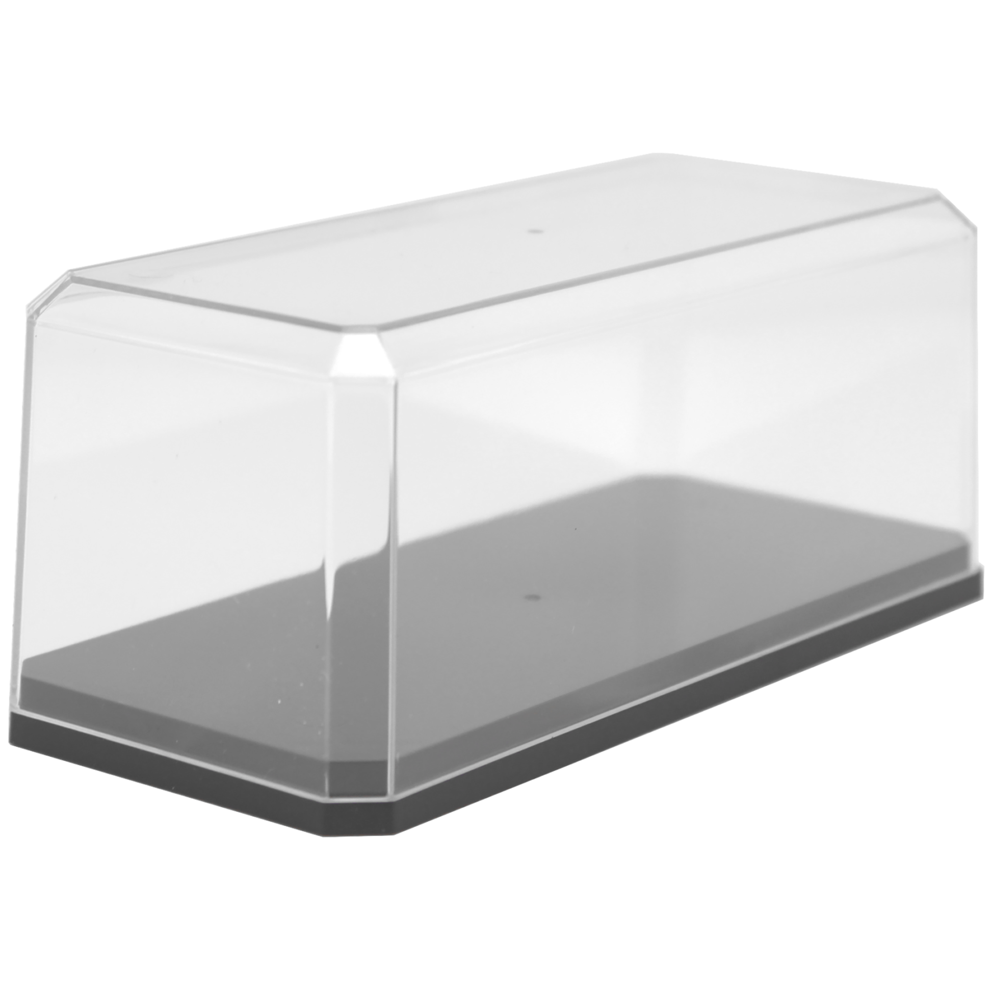 Clear display case with a black base on a white background