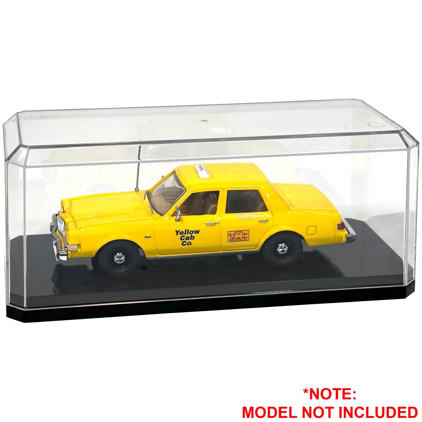 Model car display case with a classic yellow taxi inside, on a white background.