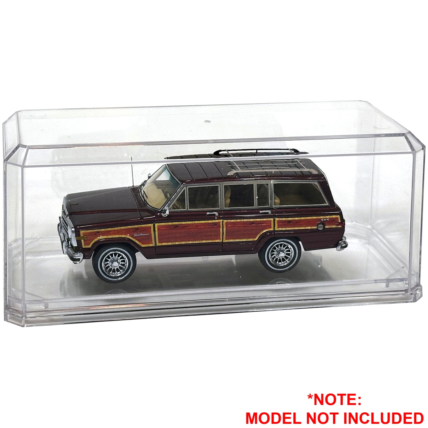 Model car display case with a classic wooden-panelled station wagon inside, on a white background.